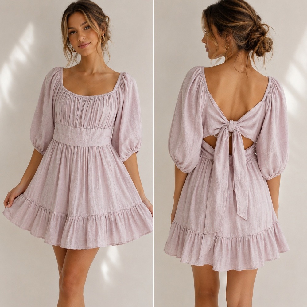 Pink Cottagecore Puff Sleeve Mini Dress Bow Back Fairycore S Excellent‎